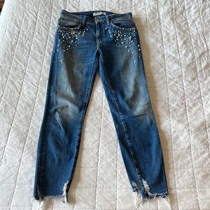 Pearl detailed distressed high waisted jeans